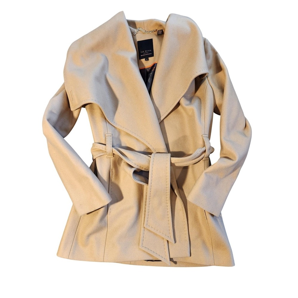 Ted Baker Coat‎ Womens 0 Beige Wool Cashmere Belted Wrap Trench Matild Collar